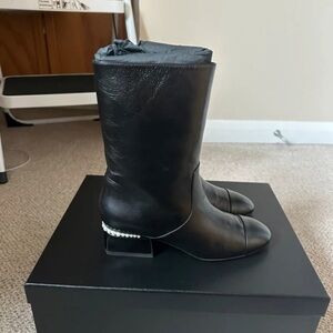CHANEL Black Heeled Boots with Pearl Detail